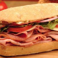 Ham and Salami Sandwich · Ham, salami, bacon, provolone cheese, tomatoes, romaine lettuce and red onions with creamy p...