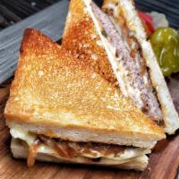 Turkey Patty Melt · Turkey burger, white American, caramelized onion, sliced pickles and special sauce.