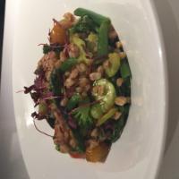 Farro Bowl · Asparagus tips, fava beans, blistered tomato, parmesan vinaigrette and basil.