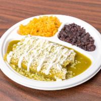 Enchiladas · Comes with 3 lightly fried rolled up tortillas filled with chicken, topped with green salsa,...
