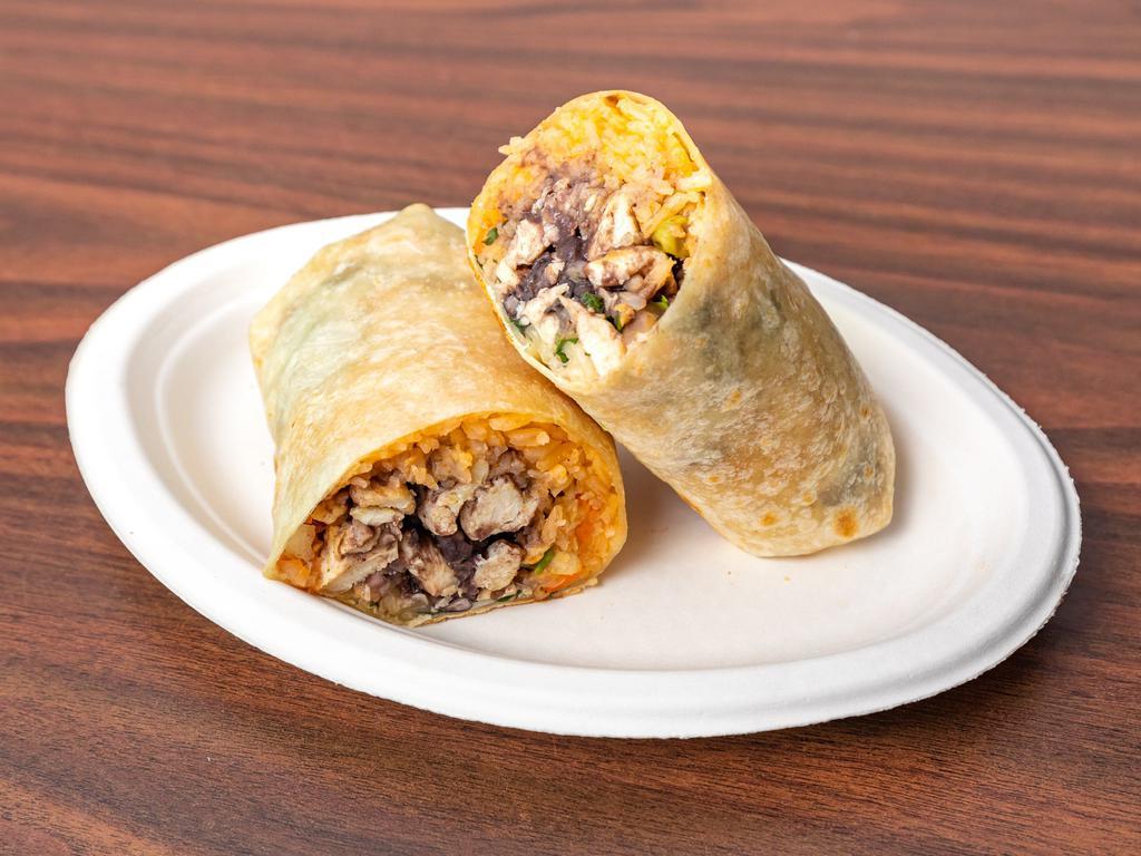 Burritos · A large flour tortilla with rice, beans, cilantro, onions, tomato, sour cream and choice of meat.