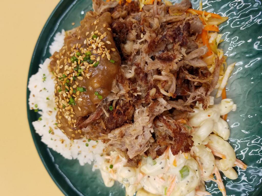 Classic Kalua Pork Plate Lunch · kalua pork, slaw, mac salad, rice, & caramelized onion gravy