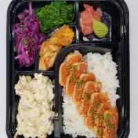 Salmon Tataki Bento Box · Canadian Salmon dusted with togarashi & lightly seared. Served with white sushi rice, Hawaii...