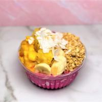 Pitaya Mango Bowl · Pitaya, granola, banana, mango, pineapple, coconut shreddings, honey.