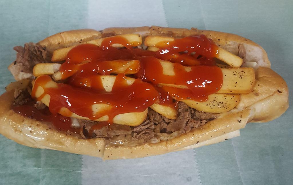 Old School Italian Cheesesteak · Onions, peppers, mayonnaise, ketchup, fries.