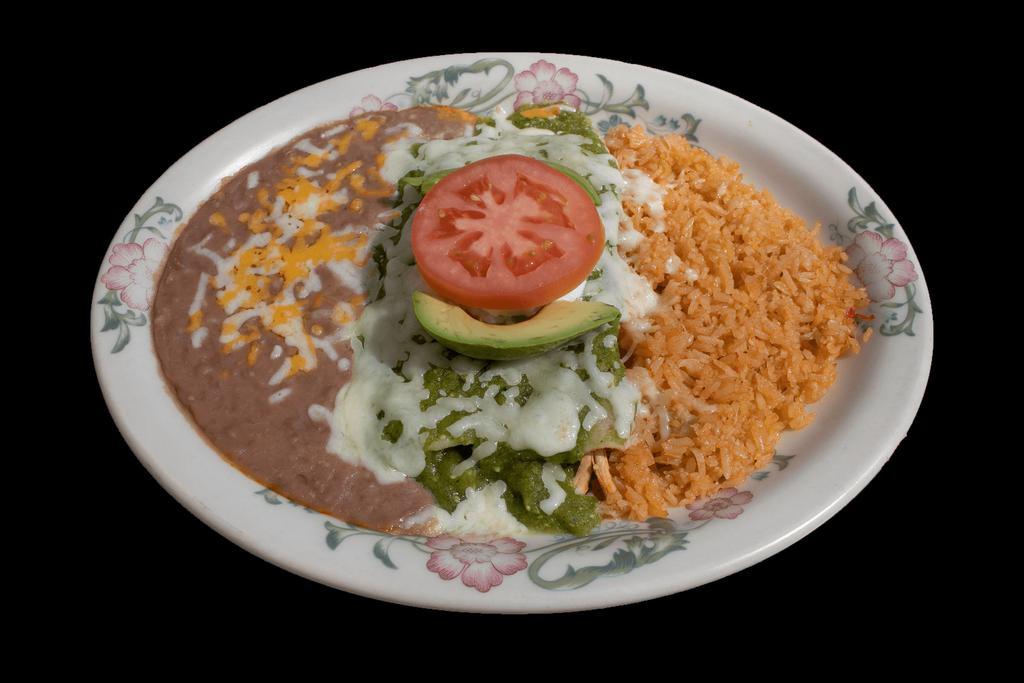 24. Enchiladas Suizas Combo · Authentic enchiladas with filling prepared with sauce of fresh Mexican tomatillos, green peppers, onions, avocado slices and spices. Topped with sour cream.