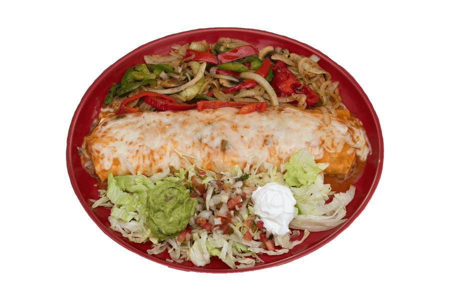 Burrito Fajita De Camarones · Flour tortilla filled with rice, beans and large shrimp that is sauteed in butter with garlic, onion and red pepper flakes; covered with red sauce and Monterey jack cheese. Served with bell peppers, onions, sour cream, guacamole and pico de gallo on the side.
