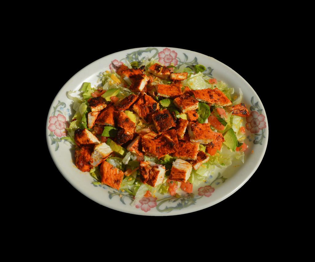 Ei Gallo Salad · A layer of fresh lettuce, tomatoes, shredded cheese, bell peppers and onions all mixed together then topped with sliced grilled chicken fillet. Served with your choice of dressing and pico de gallo.