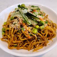 19.  Cold  Noodle w Sesame Sauce · Spicy noodles, and vegetables. 