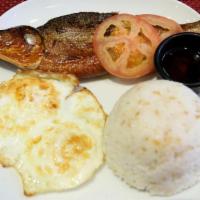 Tinapasilog  · Smoked fish, garlic rice, and eggs.