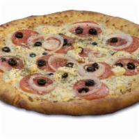 Greek Pizza · Olive oil, fresh garlic, oregano, feta, onions, black olives and tomatoes.