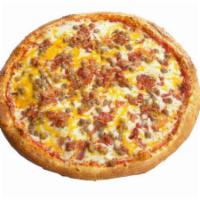 Roma Bacon Cheeseburger Pizza · Ground beef, bacon, cheddar cheese and mozzarella cheese.