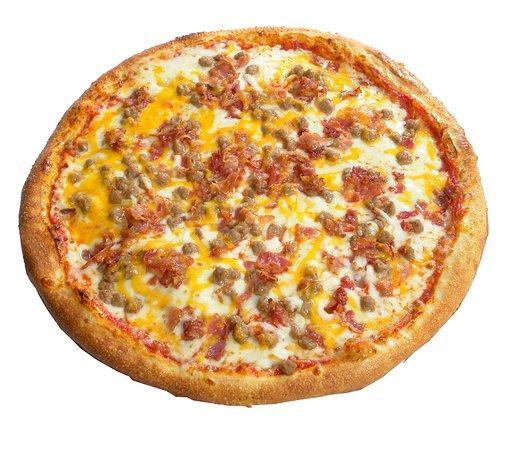 Roma Bacon Cheeseburger Pizza · Ground beef, bacon, cheddar cheese and mozzarella cheese.