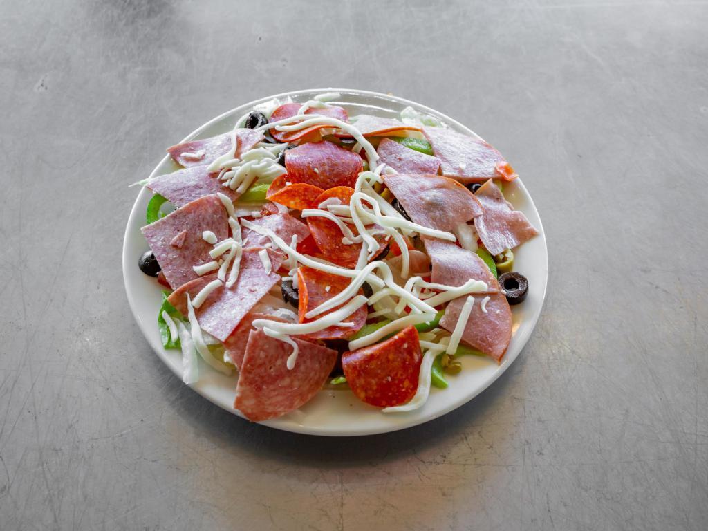 Antipasto Salad · Tossed mix lettuce with onions, green  peppers, Tomatoes, black and green olives ham, salami, pepperoni and mozzarella  cheese.