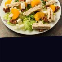 Raspberry Pecan Chicken Salad · Tossed mix lettuce  lettuce, grilled chicken, chopped pecans, mandarin oranges, crumbled fet...