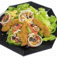 Chicken Tender Salad · Tossed mix lettuce with onions, green  peppers, Tomatoes, black and green olives with chicke...
