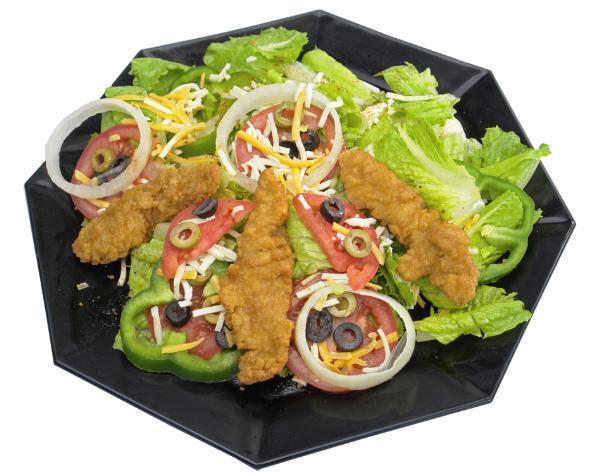 Chicken Tender Salad · Tossed mix lettuce with onions, green  peppers, Tomatoes, black and green olives with chicken tenders and mozzarella cheese.