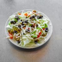 Roma House Salad · Tossed mix Lettuce, tomatoes, onions, green peppers, black and green olives and mozzarella c...