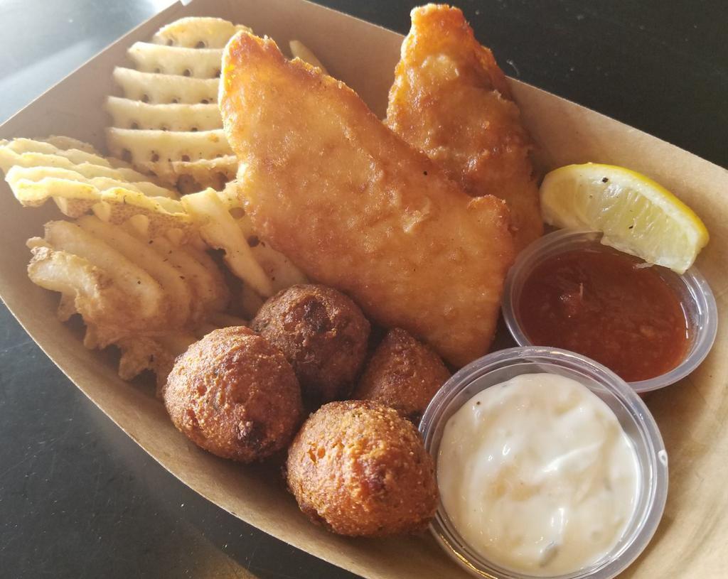 Fish 'n Chips · Served with fries, hush puppies, tartar & cocktail.