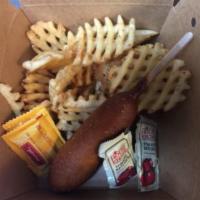 Kids Corn Dog Basket · A corn dog served with fries & ketchup.