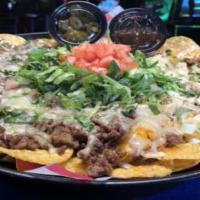 Loaded Nachos · Refried beans, onions, cheddar & pepper jack, lettuce, tomato and your choice of shredded st...