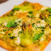 Flatbread Courgette · Zucchini Blossoms | Smoked Ricotta | Lemon | Barefoot Basil Pesto | EVOO | Pecorino