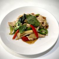 Spicy Basil · Stir fried choice of meat with bell peppers, onion, green onion, baby corn, basil, and jalap...