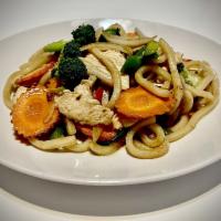 Japanese Noodles  · Stir fried udon noodles ,bell pepper, scallions, onion, broccoli, carrots with chili paste
