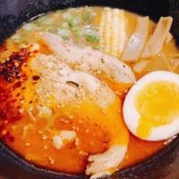 Spicy Chicken Miso Ramen · Chicken broth, miso paste, chilli garlic, sesame oil, grilled miso chicken and soft boiled e...