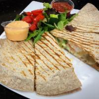 Spicy Shrimp Quesadilla · Shrimps, Monterey Jack Cheese, Jalapeno peppers.
Side of garnish salad, spicy chipotle sauce...