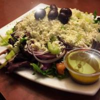 Greek Salad · Mixed greens, cucumbers, grape tomatoes, red onions, Kalamata olives, bell peppers, topped w...