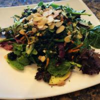 Apple Kale Salad · Steamed kale, mixed greens, avocado, apple, cranberries, almonds, carrots and scallions toss...