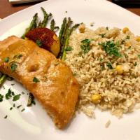 Miso Salmon · Baked miso marinated salmon served with organic brown rice and grilled asparagus, topped wit...
