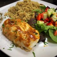 Lime Cilantro Cod · Cod baked in our lime cilantro marinade served with mashed potato and garnish salad.