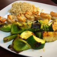 Shrimp Kabob · Served with grilled vegetables and organic brown rice.
