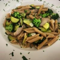 Vegetable Pasta · Zucchini, broccoli, oyster mushrooms tossed with fettuccine in garlic wine sauce.