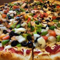 Veggie Lovers Pizza · Onions, green peppers, black olives, mushrooms and fresh tomatoes.