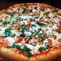 Heart Healthy Veggies Pizza · Spinach, artichoke hearts, mushrooms, tomatoes, basil, garlic and grilled eggplant.
