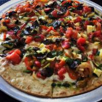 Gluten Free Veggie Flatbread · Roasted zucchini, green pepper, onions, mushrooms, with goat cheese and pesto.