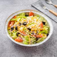 1. Garden Salad · Lettuce green pepper black olives onion cucumber whole corn tomatoes and cheese dressing.