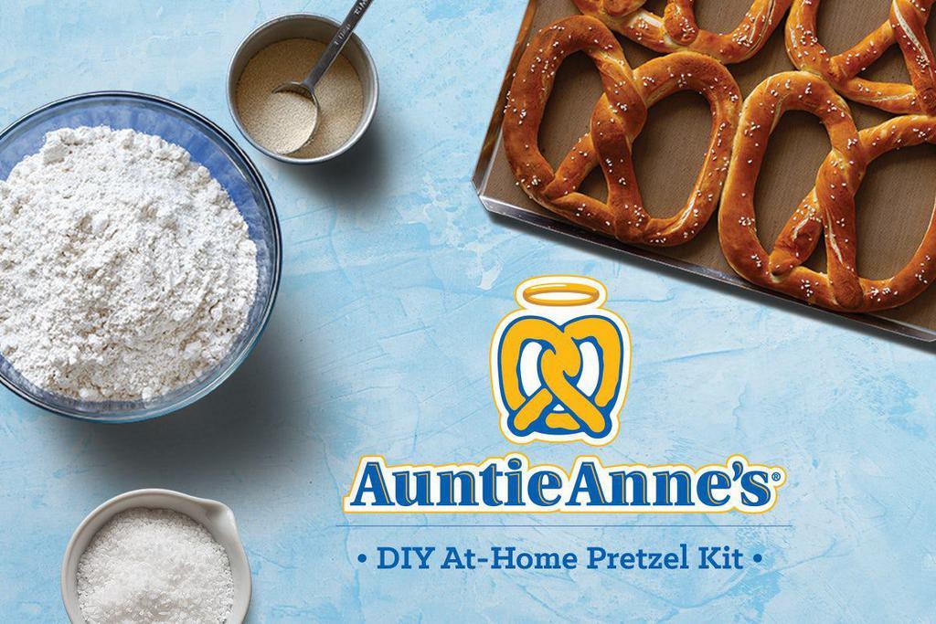 DIY At-Home Pretzel Kit (makes 10 Pretzels) · Looking for a fun, unique and tasty at-home activity? Mix, twist, bake and enjoy 10 Auntie Anne's Original or Cinnamon Sugar Pretzels right in the comfort of your own kitchen with our DIY At-Home Pretzel Kit!

Each kit includes all of the ingredients and a recipe to make 10, freshly baked pretzels. Just add butter and experience the heaven scent of Auntie Anne's filling your home. 