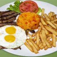 1 Bistec a Caballo · Grilled steak topped two eggs, yellow rice & french fries