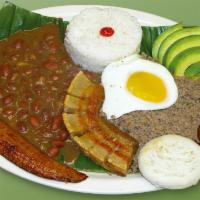  61. Super Bandeja · Beans, rice, pork skin, grounded meat, corn cake, sausage, egg, sweet plantain and avocado.