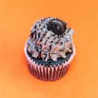 Cookies and Cream Cupcake · Double creme filled chocolate cake and Oreo frosting!