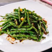 V11. Dry Sautéed String Beans 干煸四季豆 · stir-fried green beans with light grounded pork 
