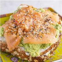 Avocado Lox Toast · Avocados mashed with Lemon juice, Himalayan Salt, Black Pepper, Red Pepper Flakes, Topped wi...
