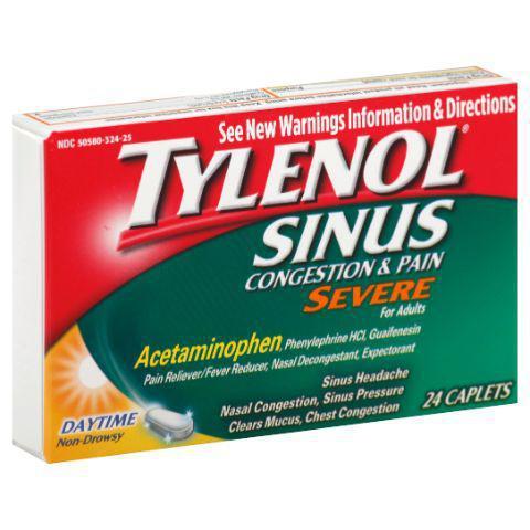 Tylenol Sinus Congestion & Pain 24 count · Tylenol Sinus Severe Daytime Caplets offer temporary relief of symptoms associated with hay fever or other respiratory allergies and the common cold, including headache, sinus congestion and pressure, nasal congestion, chest congestion, and minor aches and pains