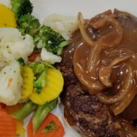 Hamburger Steak Plate Special · 10 oz. ground beef patty smothered in onions and mushroom gravy.
