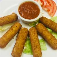 18. Mozzarella Sticks · 6 pieces. Mozzarella cheese that has been coated and fried.