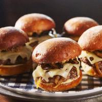 Mushroom ＆ Swiss Sliders · Two marinated portobello mushroom sliders spilling over with caramelized onions and melted s...